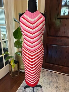 FCT With Love Striped Halter Knit Midi Dress in Pink/Red/White, Barbiecore Sz XL